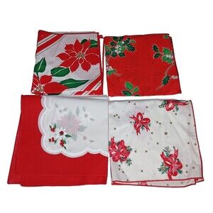 Christmas Fabric Napkins Set Lot 4 Red Holly Poinsettia Bows White Green‎ Square